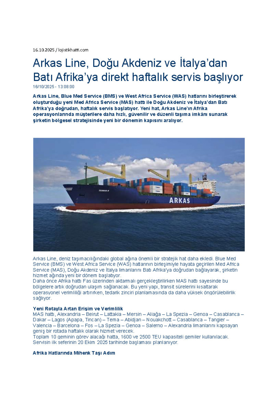 Arkas Line, Doğu Akdeniz ve İtalya’dan Batı Afrika’ya Direkt Haftalık Servis Başlatıyor