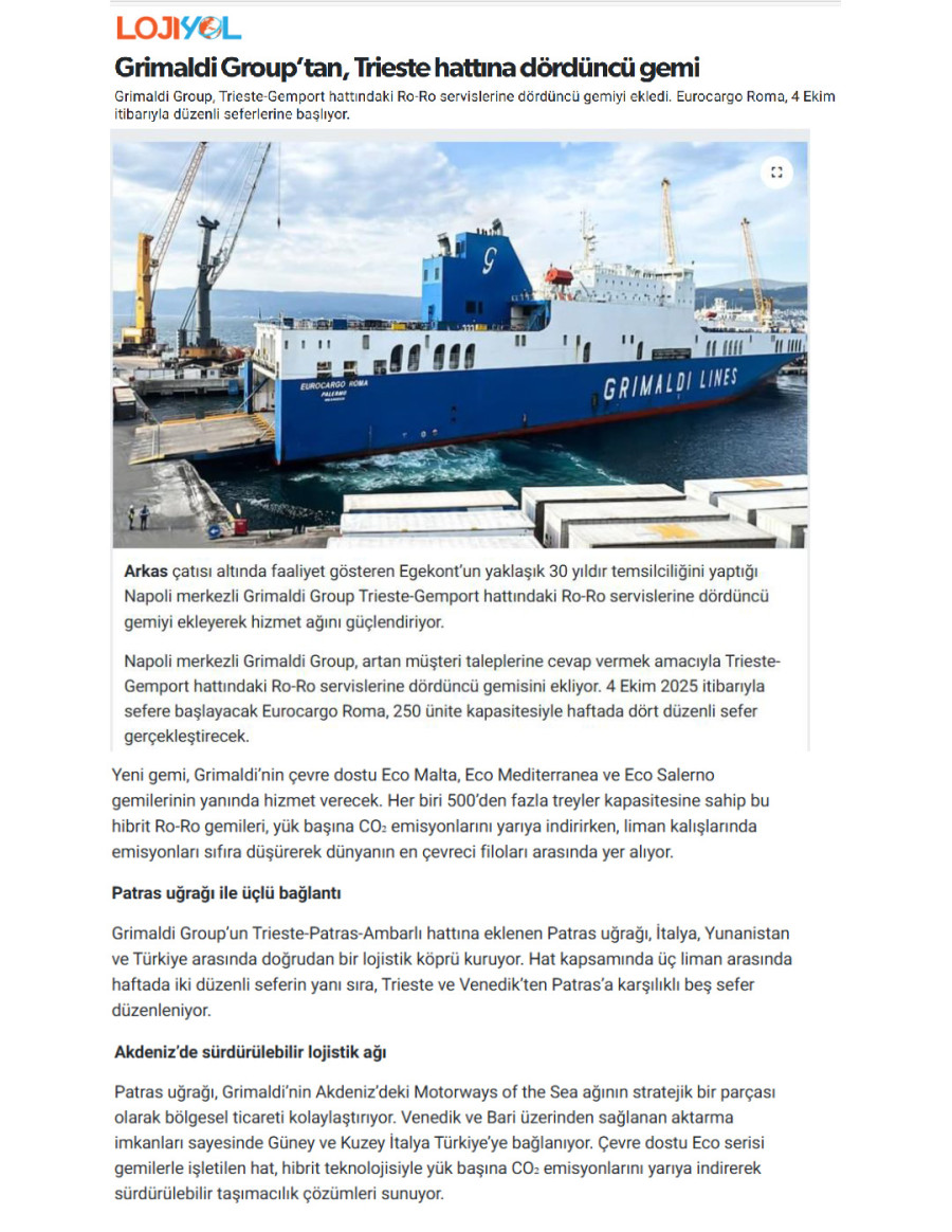 Grimaldi Group’tan, Trieste Hattına Dördüncü Gemi