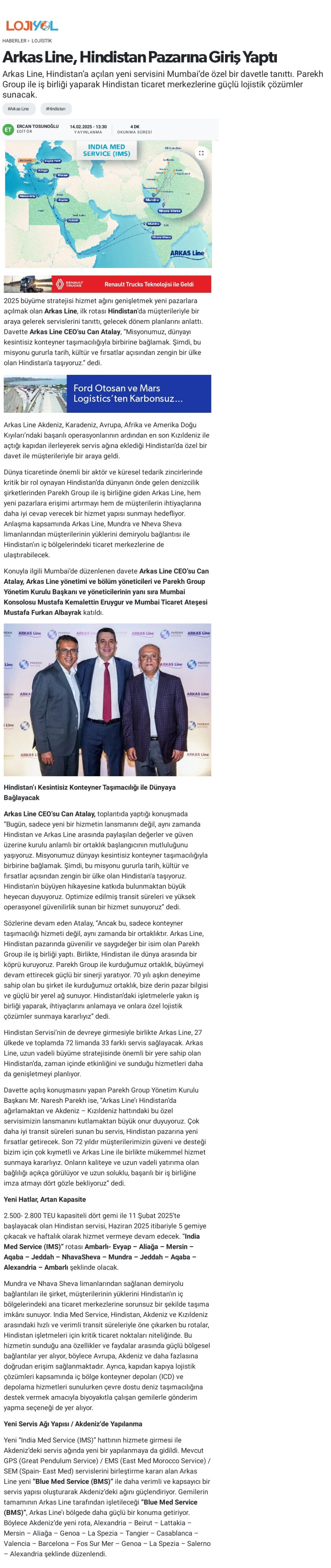 Arkas Line, Hindistan pazarına giriş yaptı