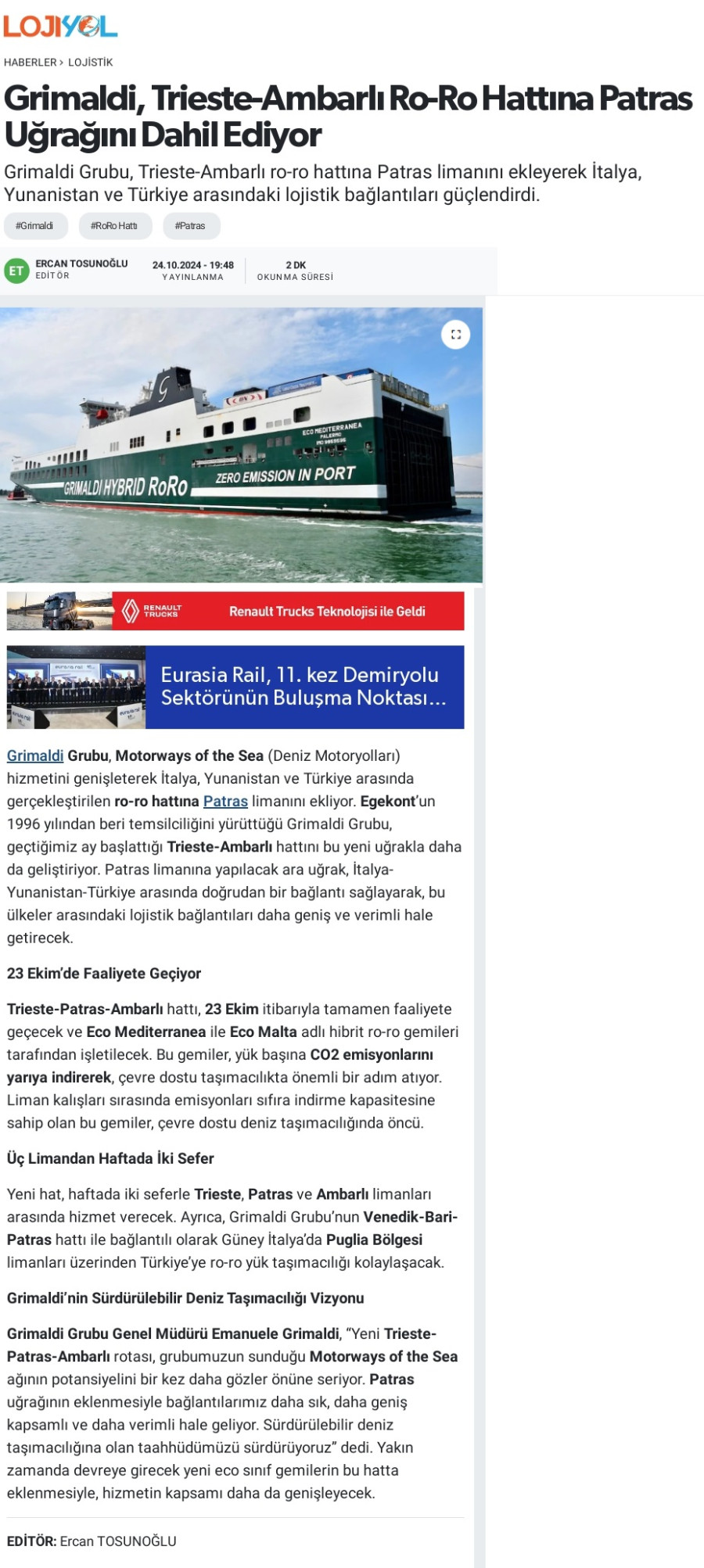 Grimaldi, Trieste-Ambarlı Ro-Ro Hattına Patras Uğrağını Dahil Ediyor 