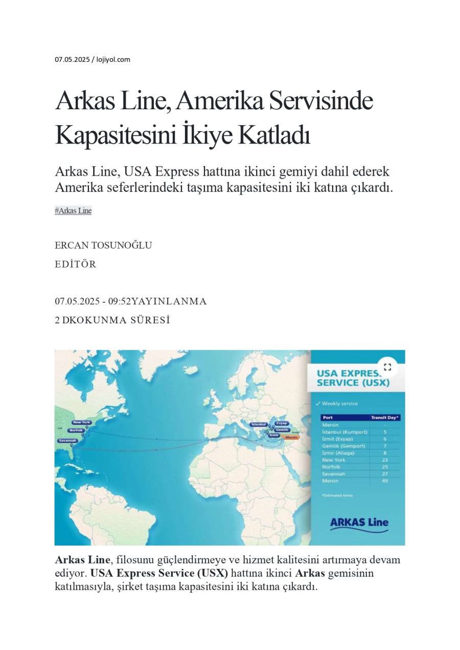 Arkas Line, Amerika Servisinde Kapasitesini İkiye Katladı 