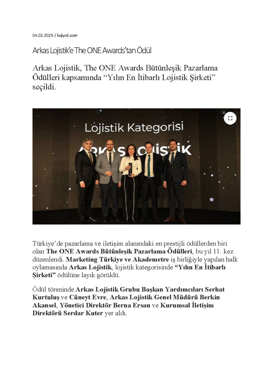 Arkas Lojistik’e “The ONE Awards