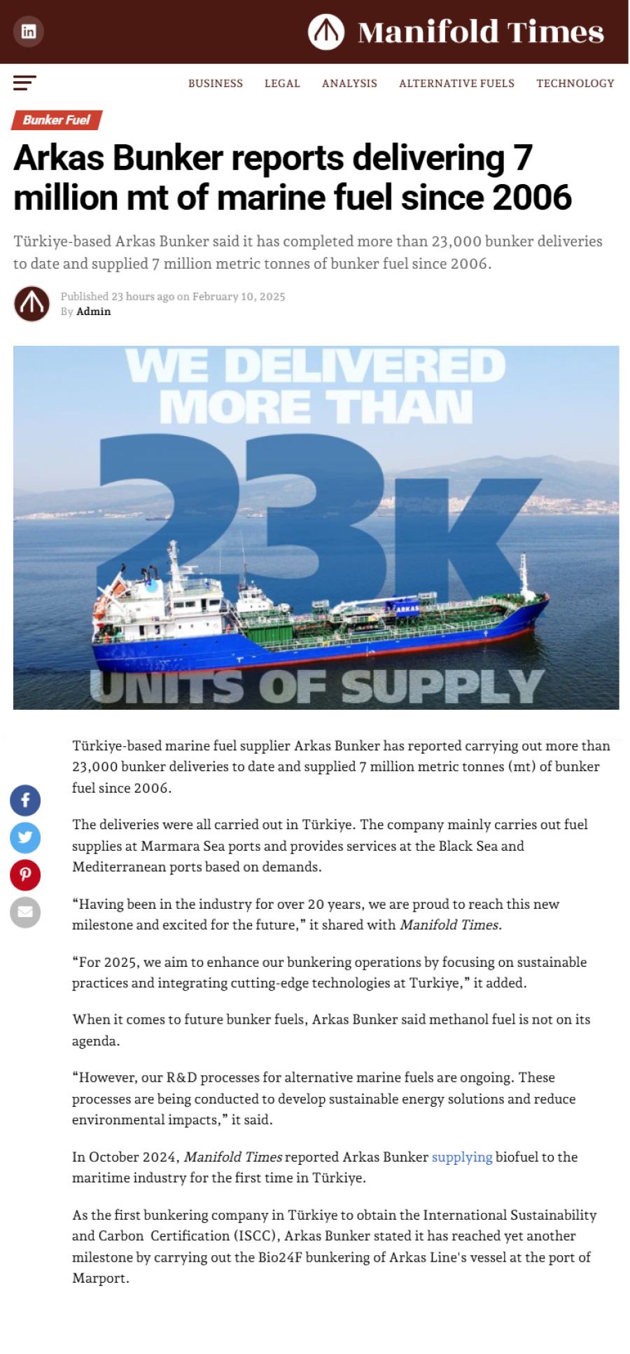 Bunker FuelArkas Bunker reports delivering 7 million mt of marine fuel since 2006