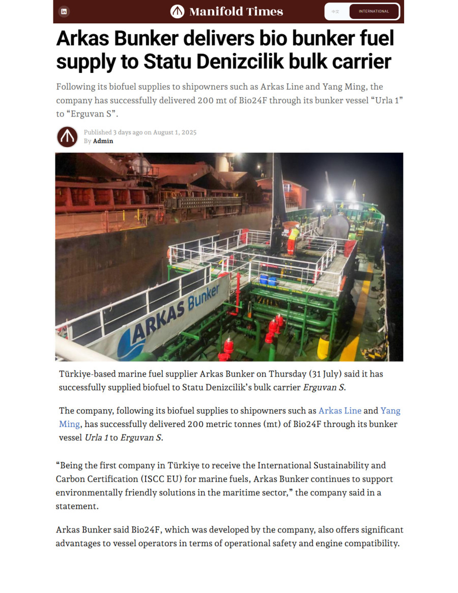 Arkas Bunker Delivers Bio Bunker Fuel Supply To Statu Denizcilik Bulk Carrier