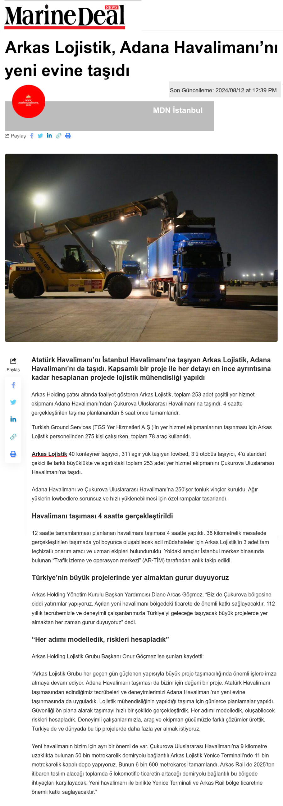 Arkas Lojistik, Adana Havalimanı'nı yeni evine taşıdı