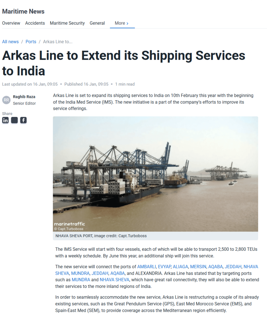 Arkas Line to Extend its Shipping Services to India