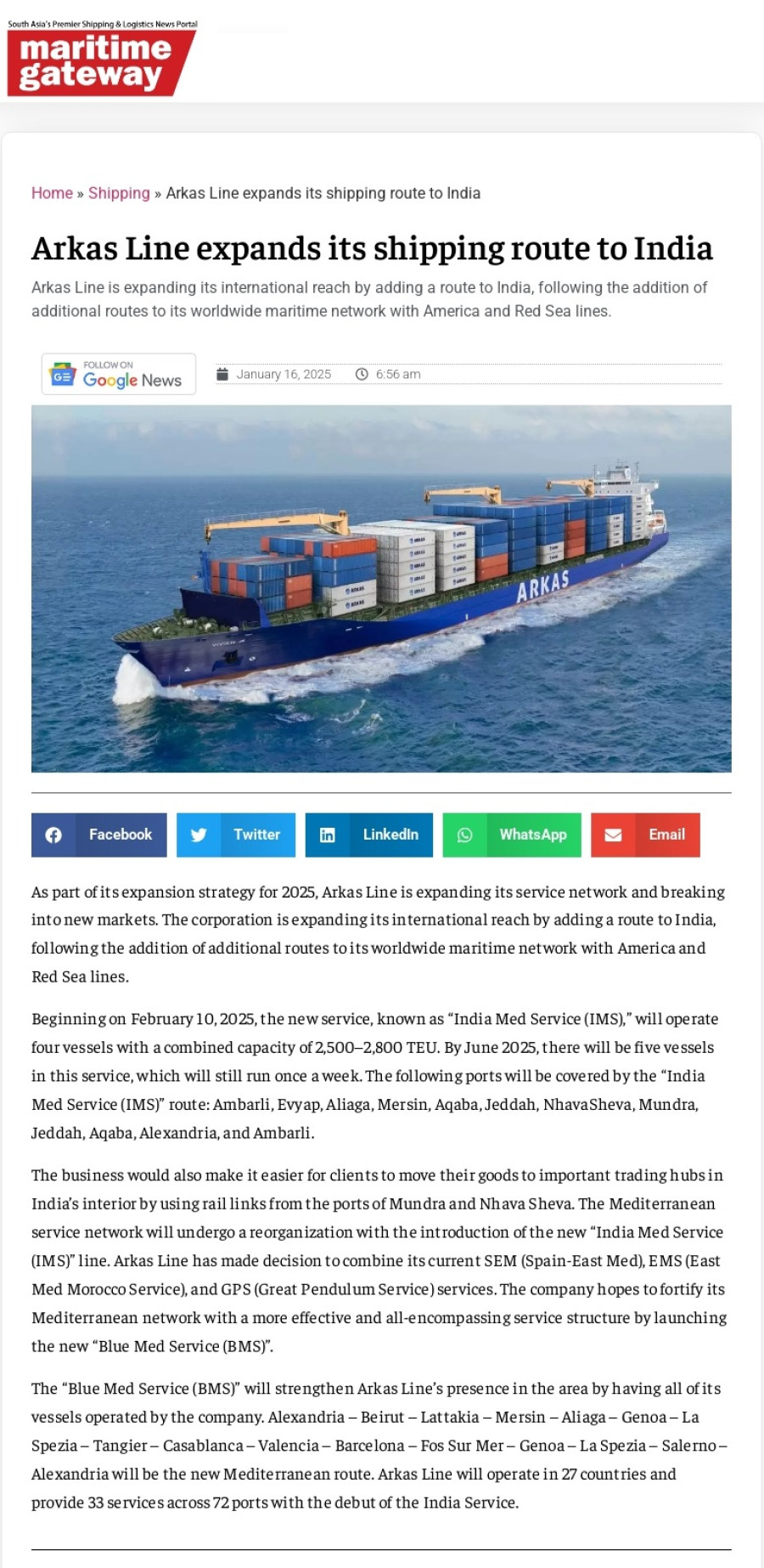 Arkas Line expands its shipping route to India