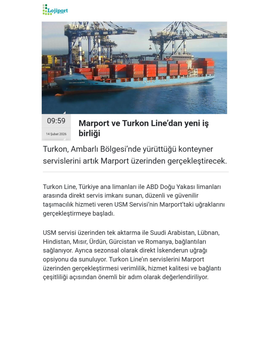 Marport ve Turkon Line’dan Yeni İş Birliği