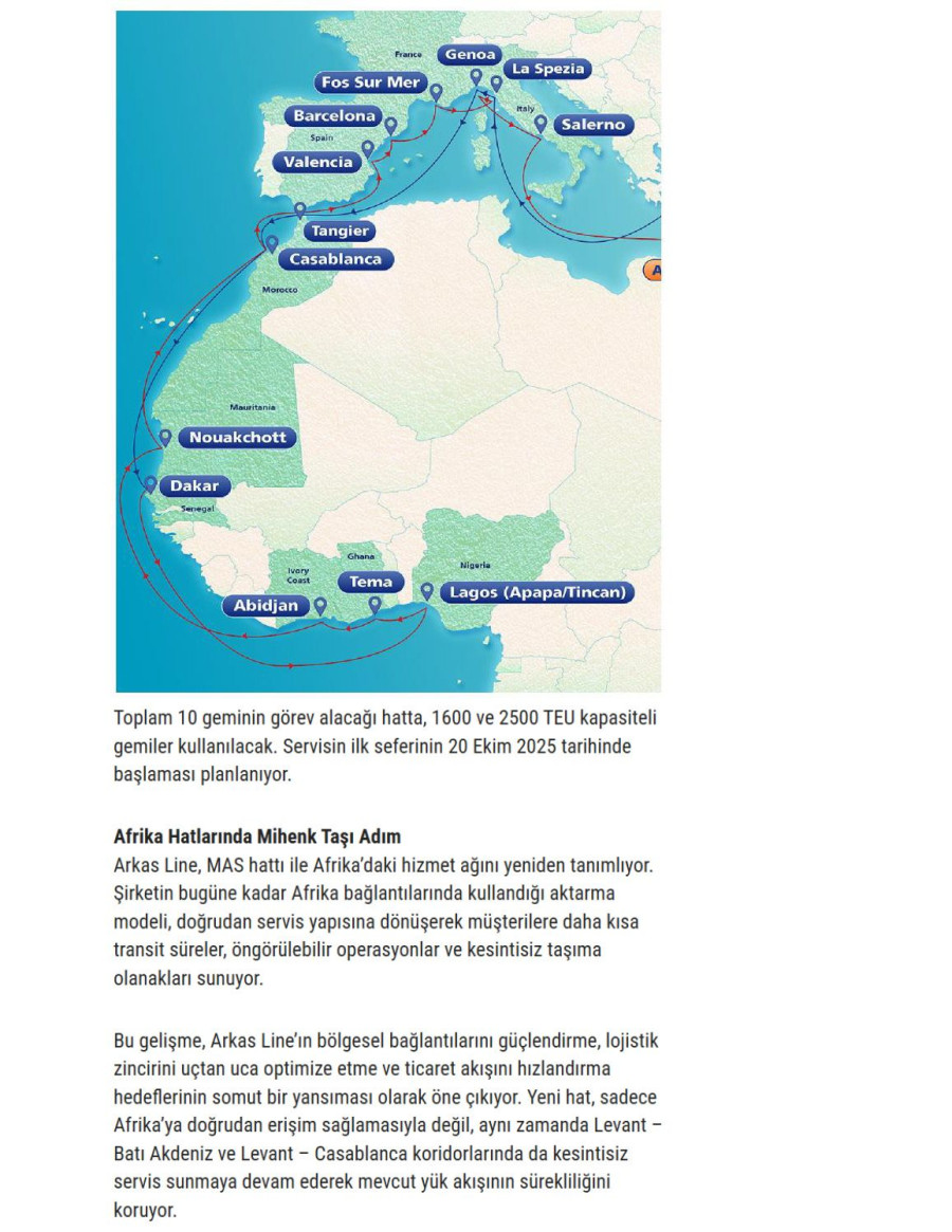 Arkas Line, MAS Hattı İle Batı Afrika'ya Açılıyor