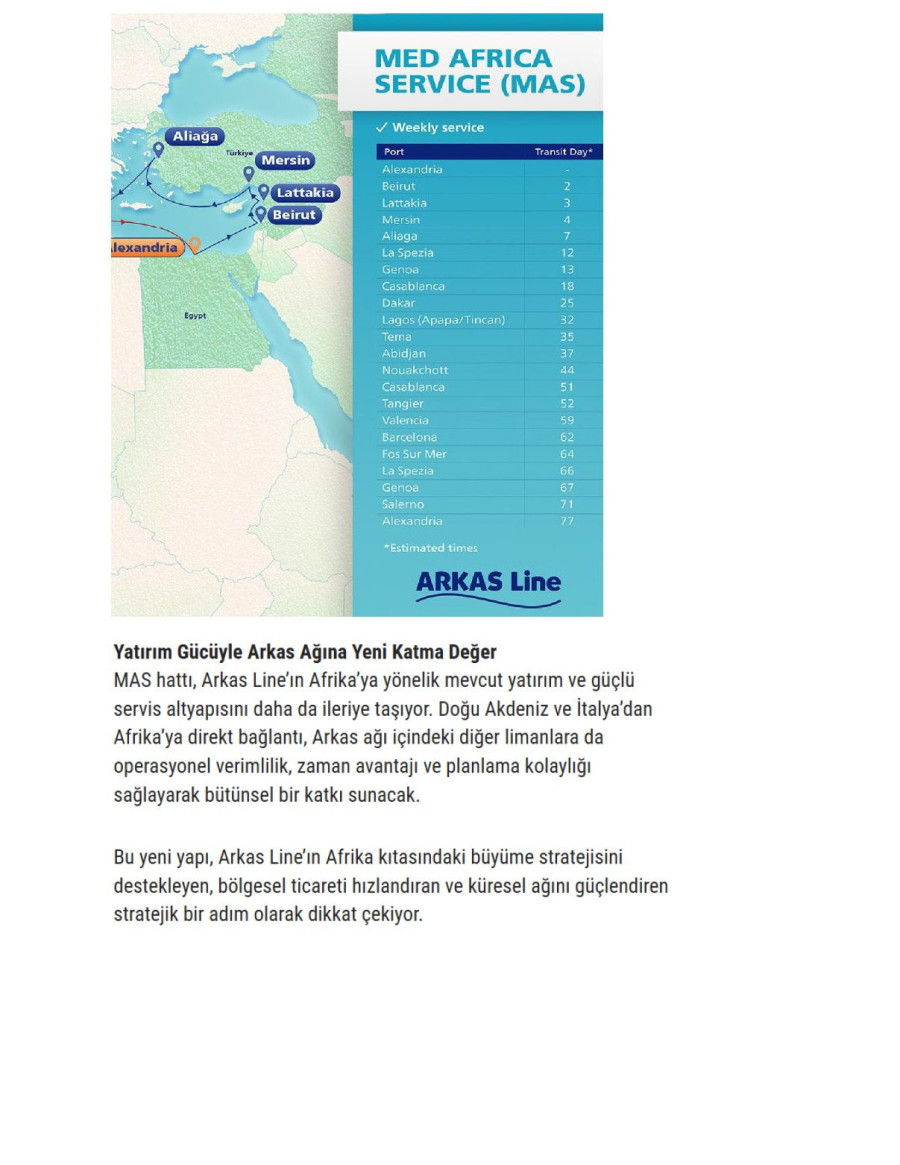 Arkas Line, MAS Hattı İle Batı Afrika'ya Açılıyor