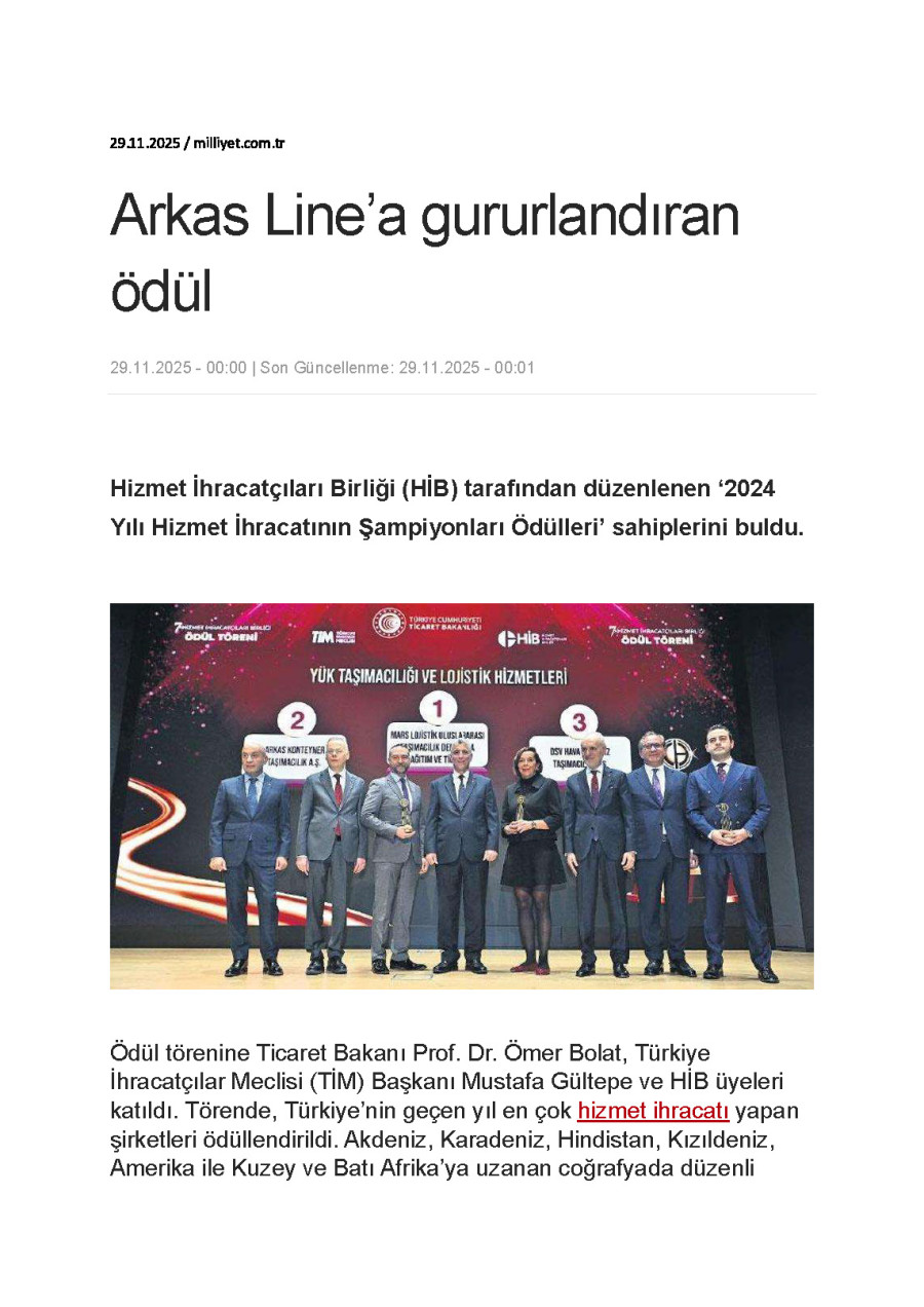Arkas Line’a Gururlandıran Ödül