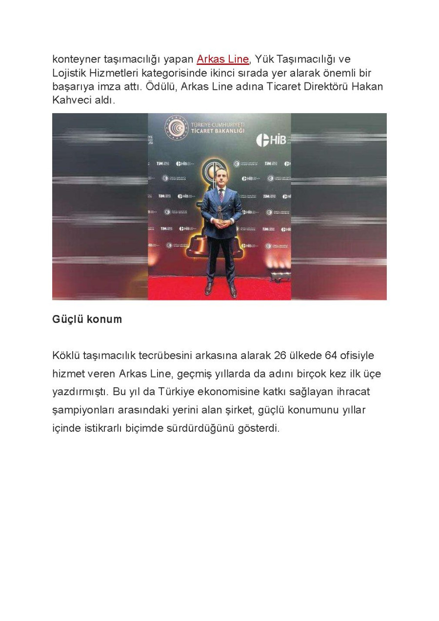 Arkas Line’a Gururlandıran Ödül