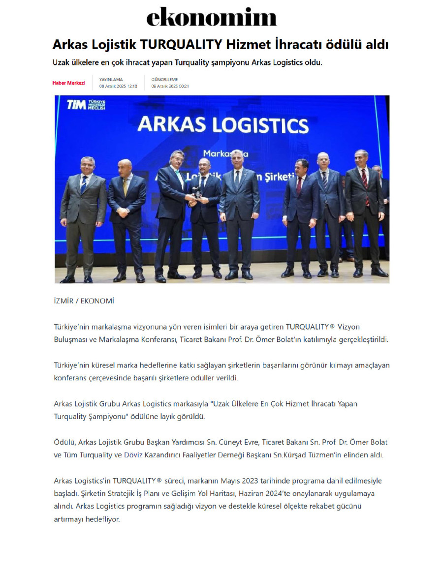 Arkas Lojistik TURQUALITY Hizmet İhracatı Ödülü Aldı