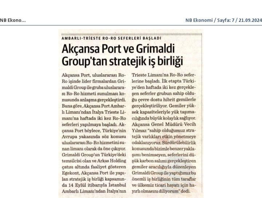 Akçansa Port Ve Grimaldi Group'tan Stratejik İş Birliği 
