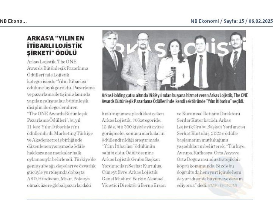 Arkas'a Yılın En İtibarlı Lojistik Şirketi Ödülü