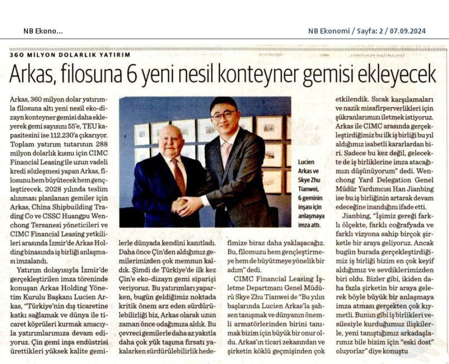 Arkas Filosuna 6  yeni nesil konteyner gemisi eklenecek 