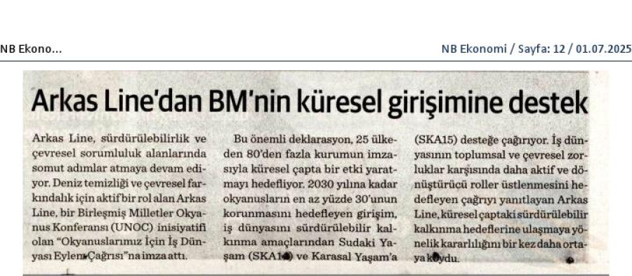 Arkas Line'dan BM'nin Küresel Girişimine Destek