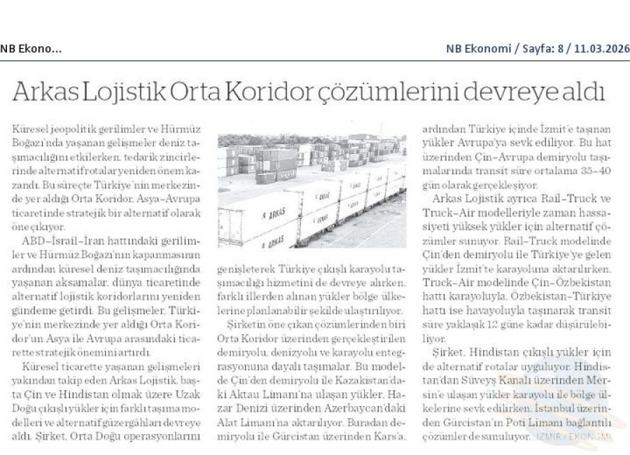 Arkas Lojistik Orta Koridor Çözümlerini Devreye Aldı