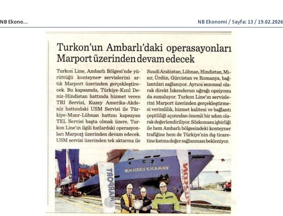 Turkon'un Ambarlı'daki Operasyonları Marport Üzerinden Devam Edecek