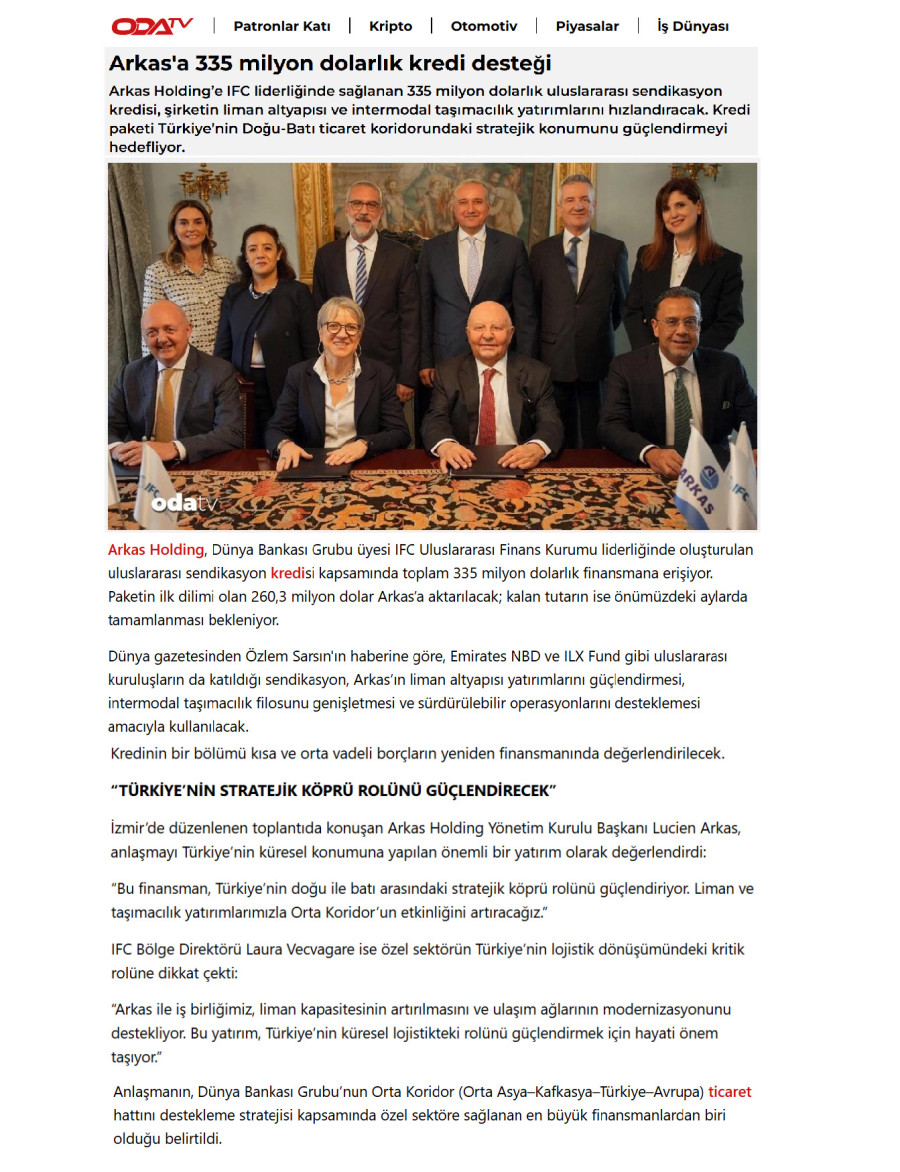 Arkas'a 335 Milyon Dolarlık Kredi Desteği