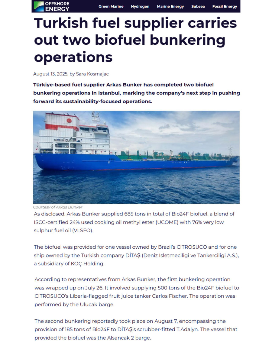 Turkish Fuel Supplier Carries Out Two Biofuel Bunkering Operations