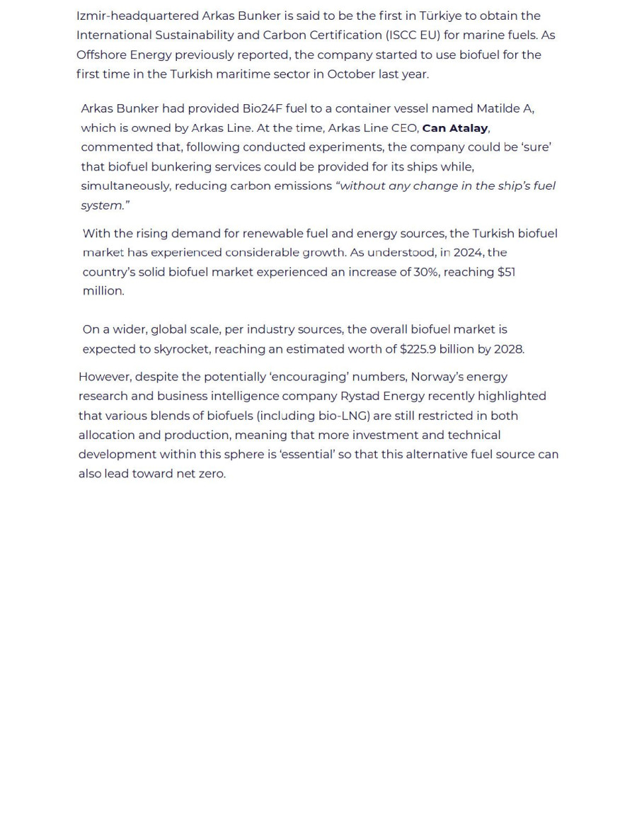 Turkish Fuel Supplier Carries Out Two Biofuel Bunkering Operations