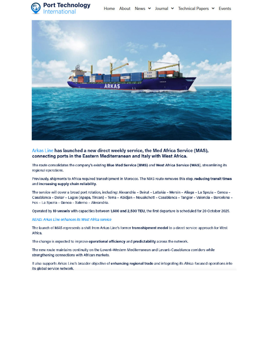 Arkas Line Debuts Weekly Direct Africa Service