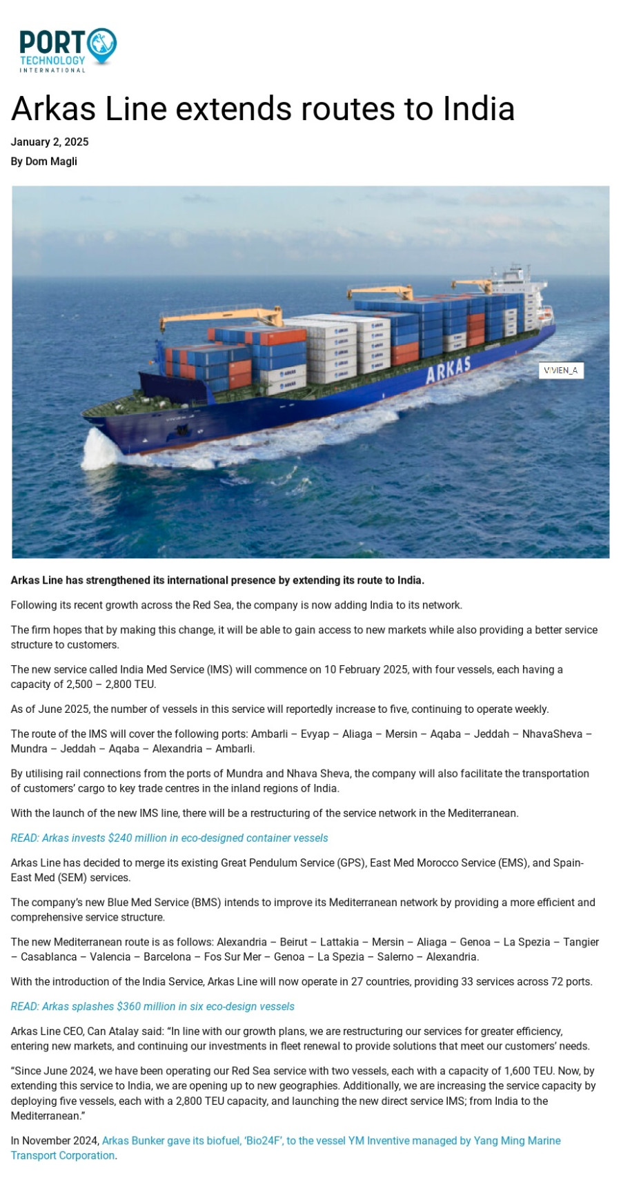 Arkas Line extends routes to India