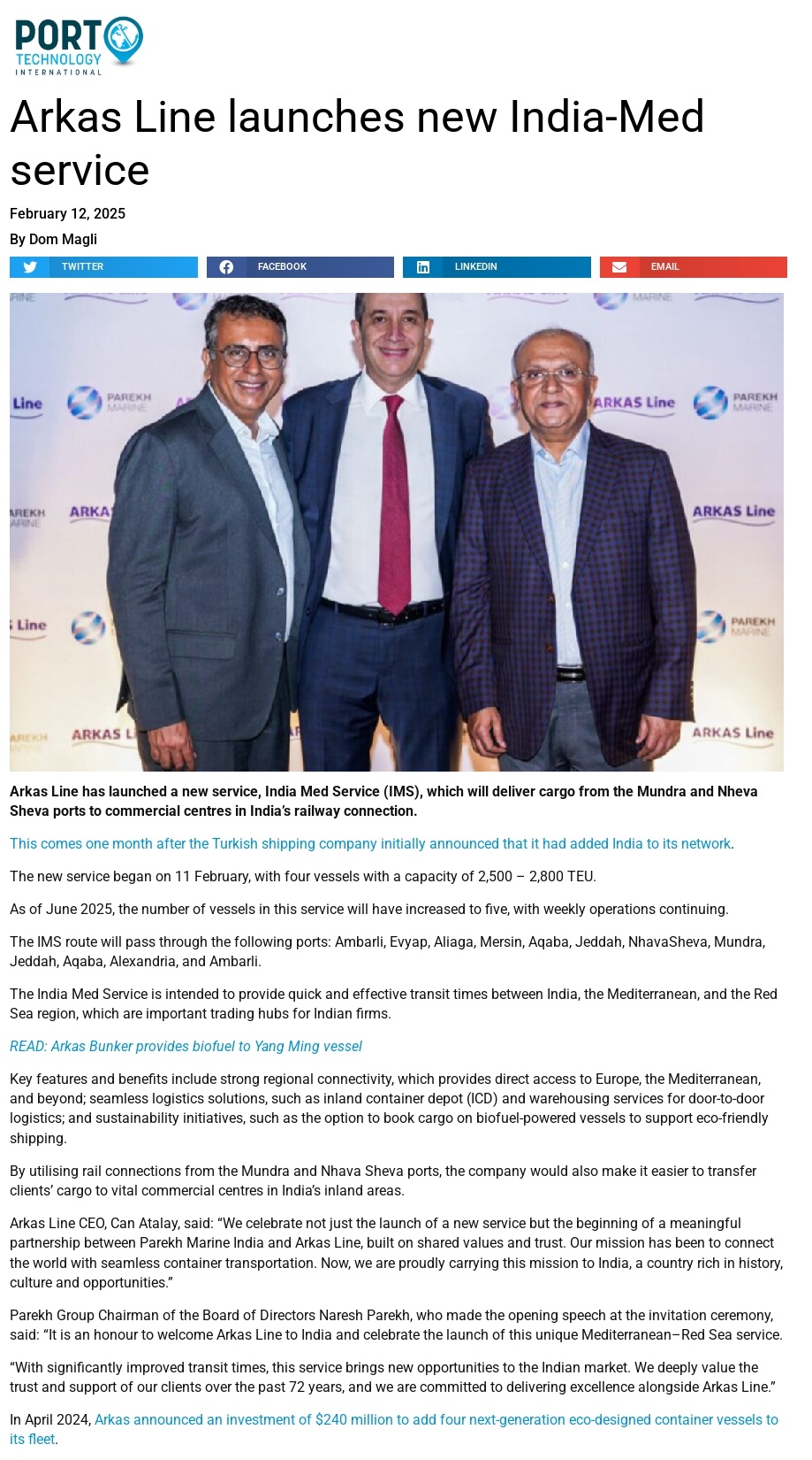 Arkas Line launches new India-Med service | Medya Arkas Haber