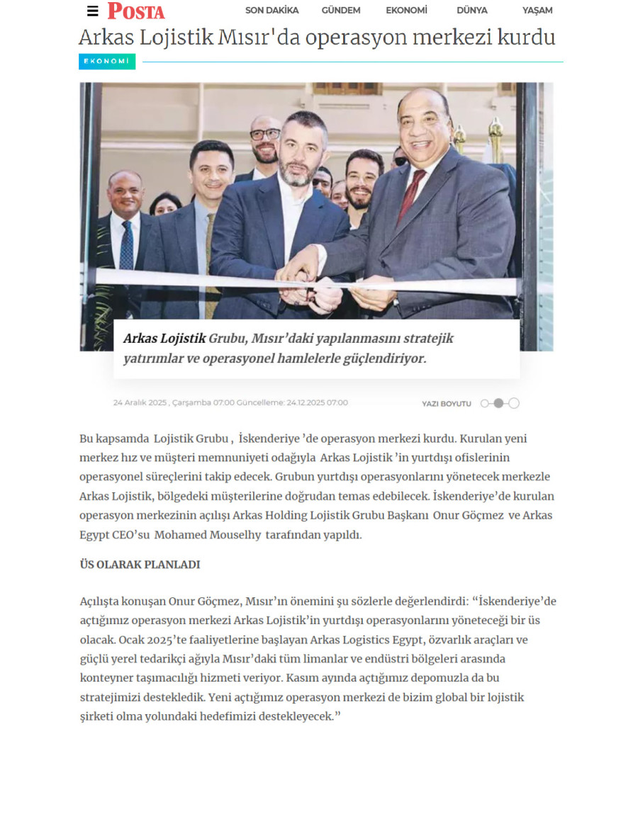Arkas Lojistik Mısır'da Operasyon Merkezi Kurdu