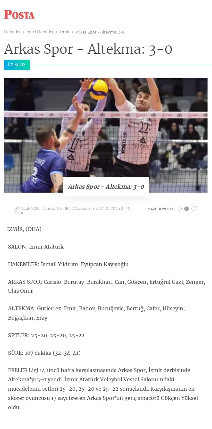 Arkas Spor - Altekma: 3-0