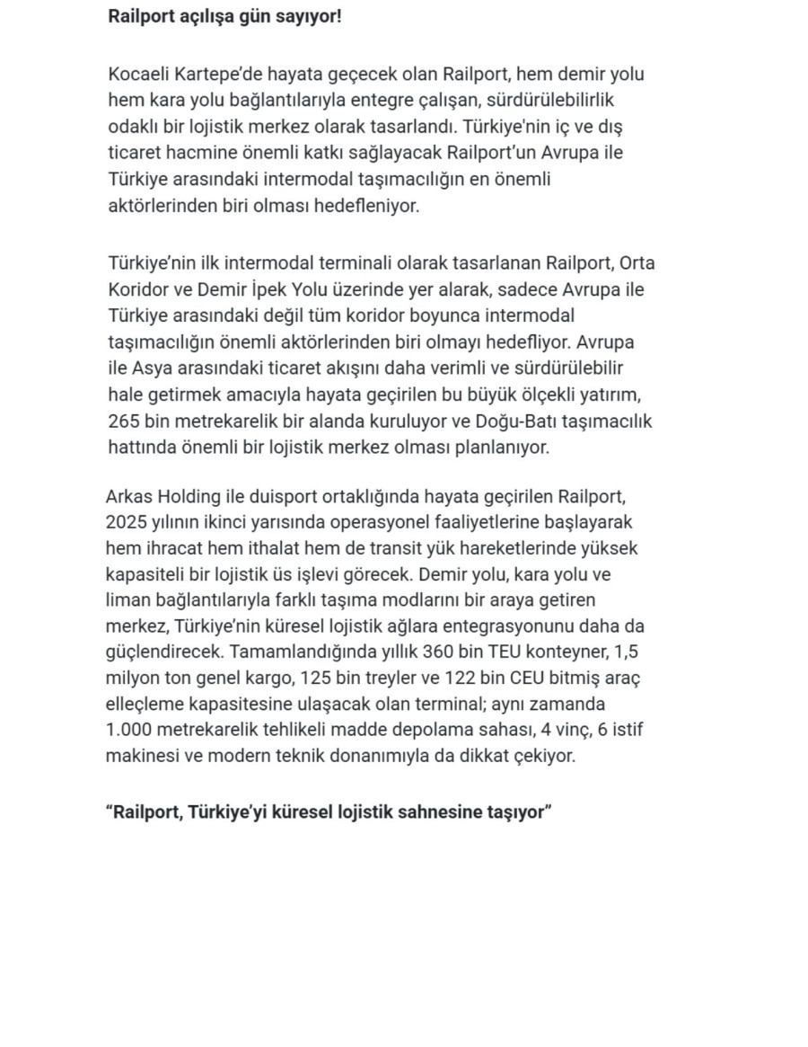 Türkiye’nin İlk Intermodal Terminali Railport Açılışa Gün Sayıyor
