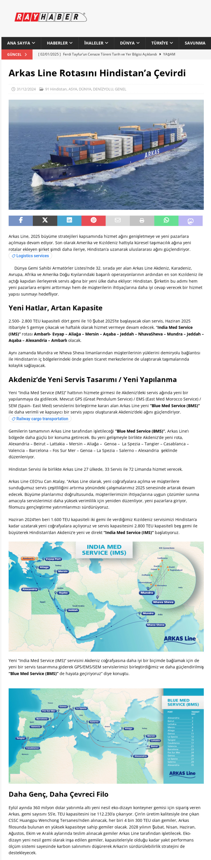 Arkas Line rotasını  Hindistan'a çevirdi 