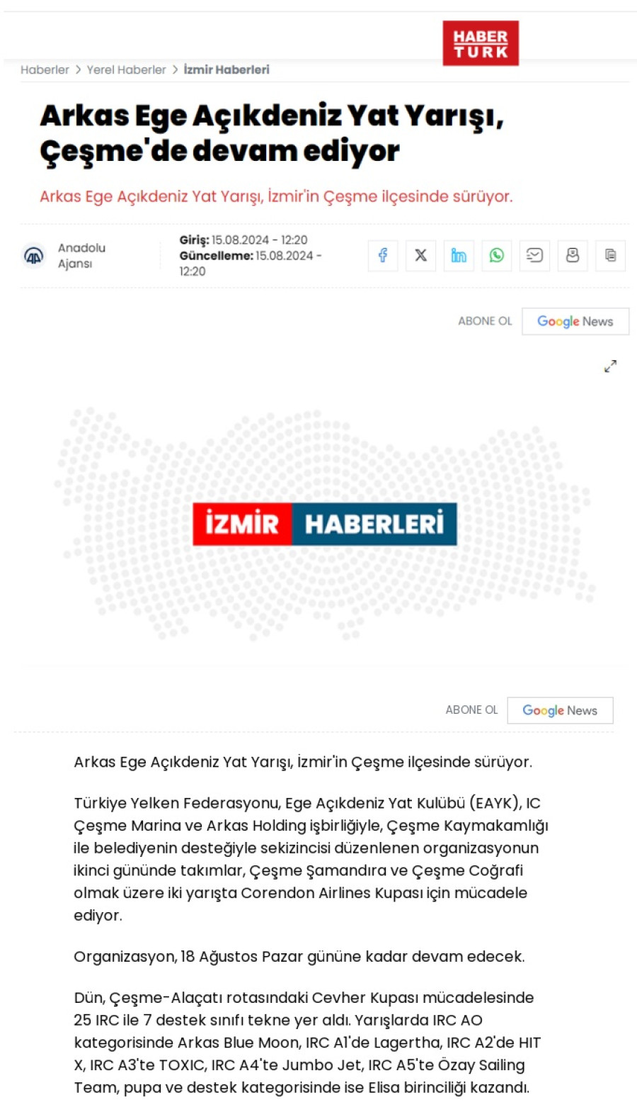Arkas Ege Açıkdeniz Yat Yarışı, Çeşme'de devam ediyor