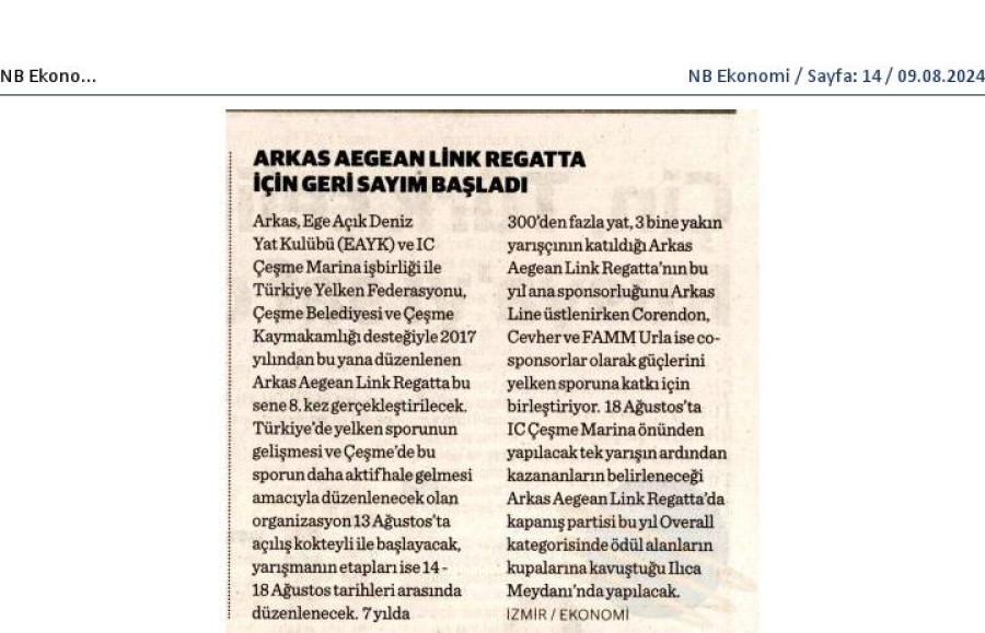 Arkas Aegean Link Regatta için geri sayım başladı