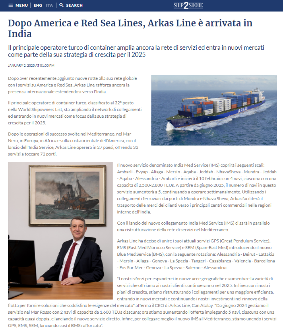 Dopo America e Red Sea Lines, Arkas Line è arrivata in India