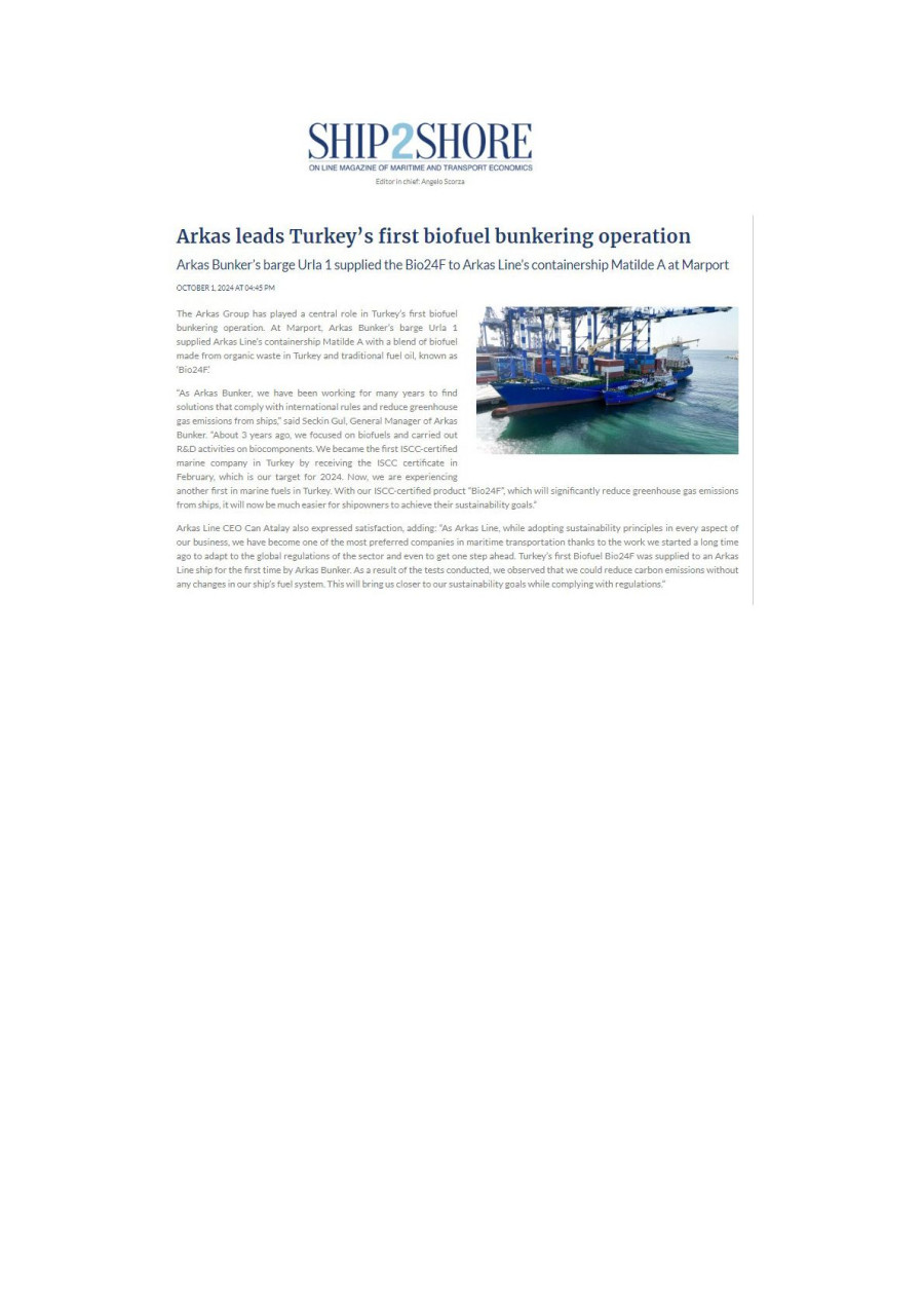 Arkas Leads Turkey’s First Biofuel Bunkering Operation