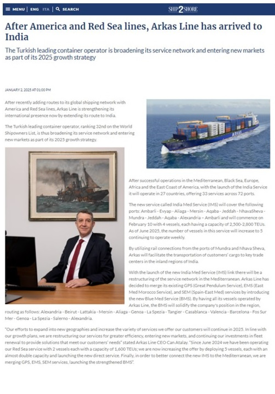 After America and Red Sea lines, Arkas Line has arrived to India