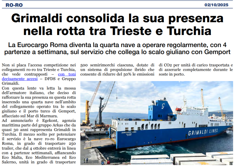 Grimaldi Consolida La Sua Presenza Nella Rotta Tra Trieste E Turchia