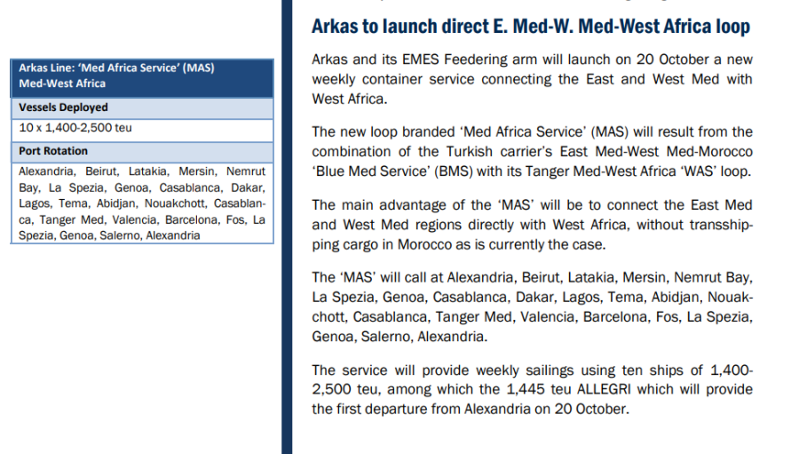Arkas To Launch Direct E. Med-W. Med-West Africa Loop