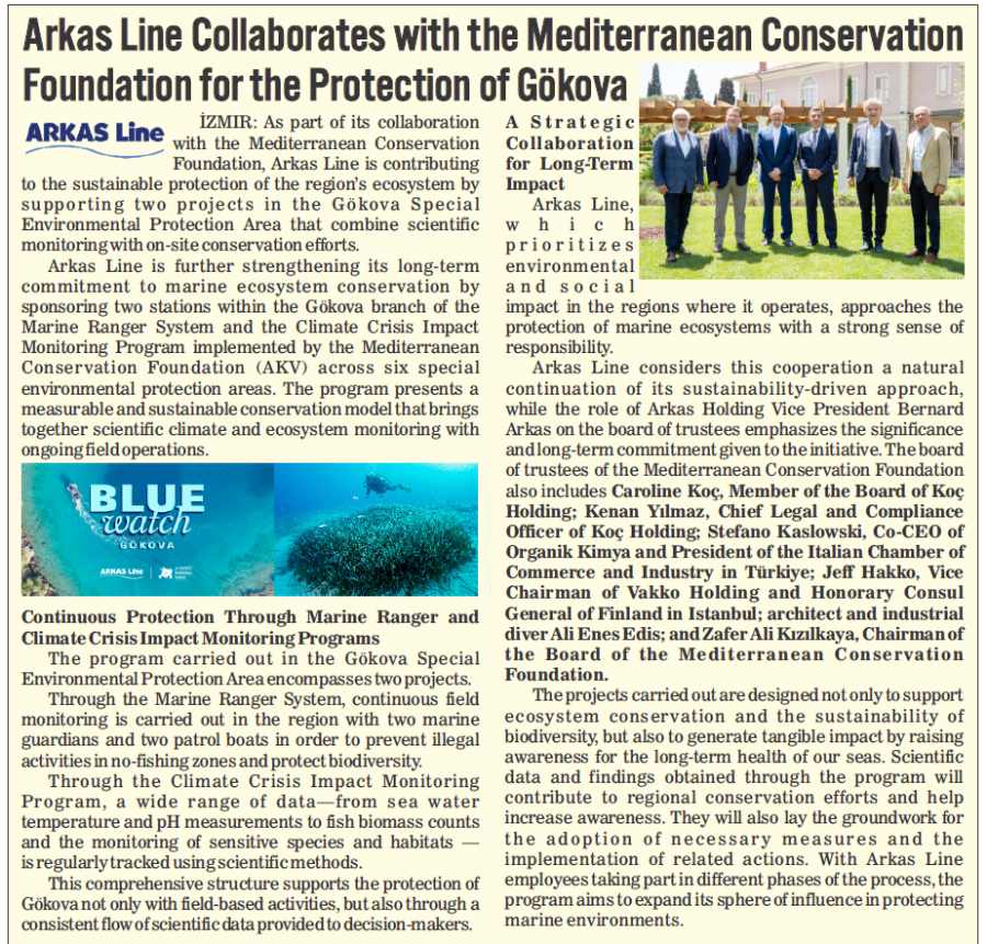 Arkas Line Collaborates with the Mediterranean Conservation Foundation