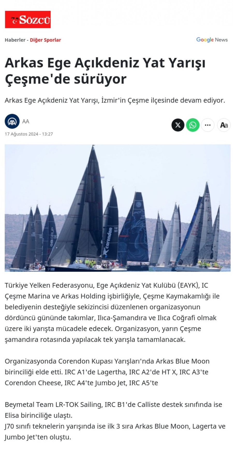 Arkas Ege Açıkdeniz Yat Yarışı Çeşme'de sürüyor