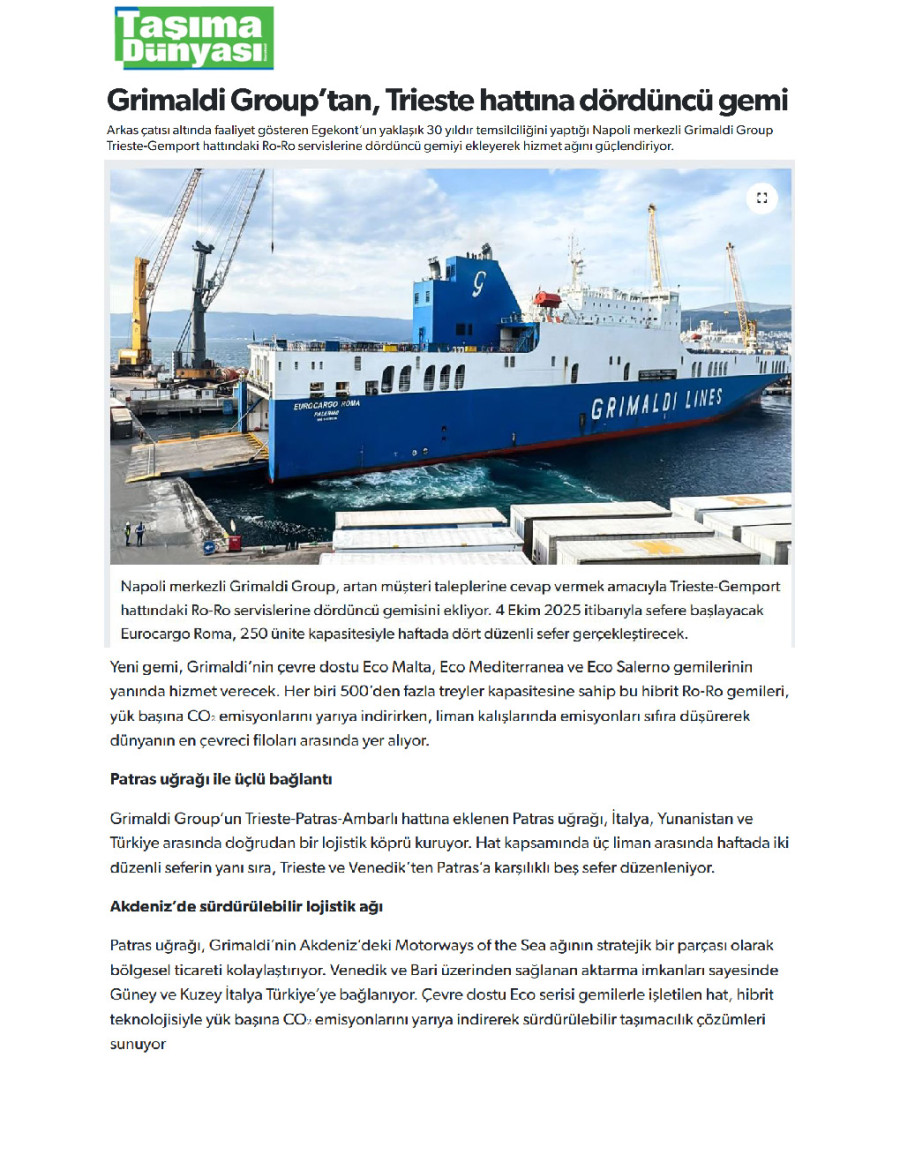 Grimaldi Group’tan, Trieste Hattına Dördüncü Gemi
