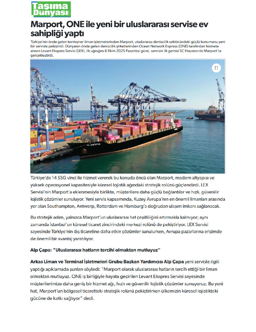 Marport, ONE İle Yeni Bir Uluslararası Servise Ev Sahipliği Yaptı