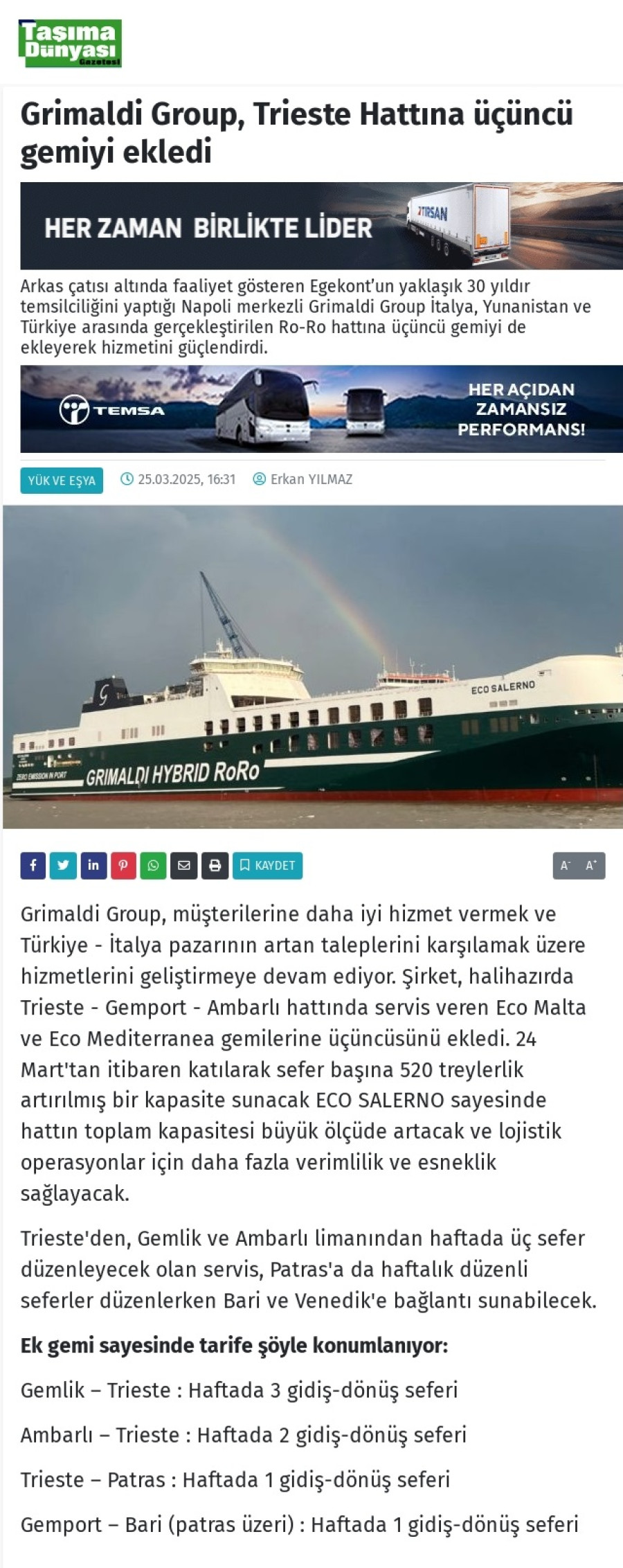 Grimaldi Group, Trieste Hattına üçüncü gemiyi ekledi 