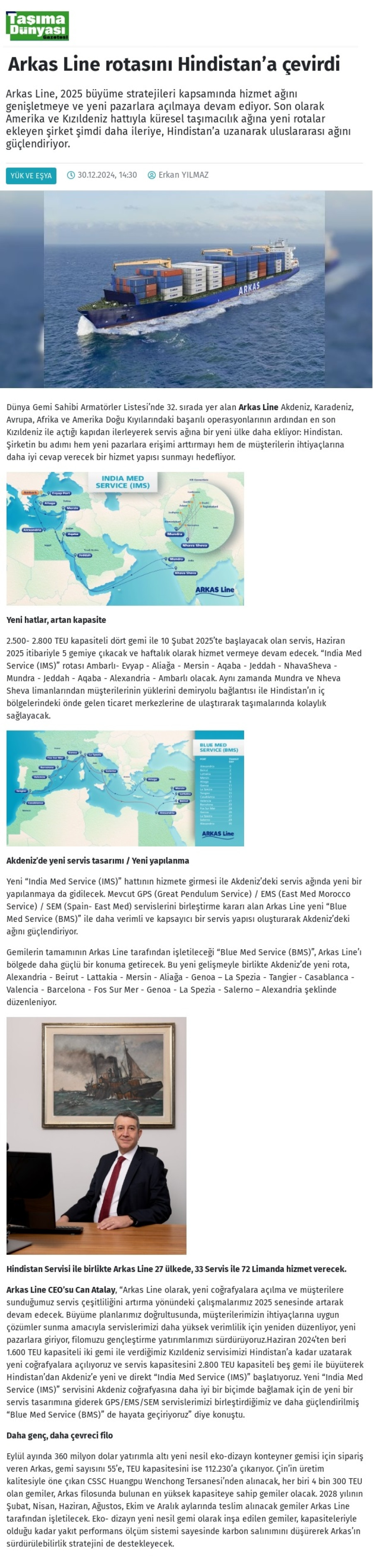 Arkas Line rotasını  Hindistan'a çevirdi 