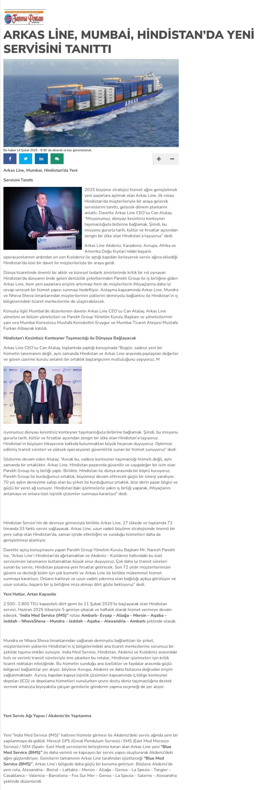 Arkas Line, Mumbai, Hindistan'da yeni servisini, tanıttı
