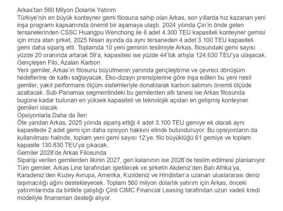ARKAS'TAN 560 MİLYON DOLARLIK YATIRIM