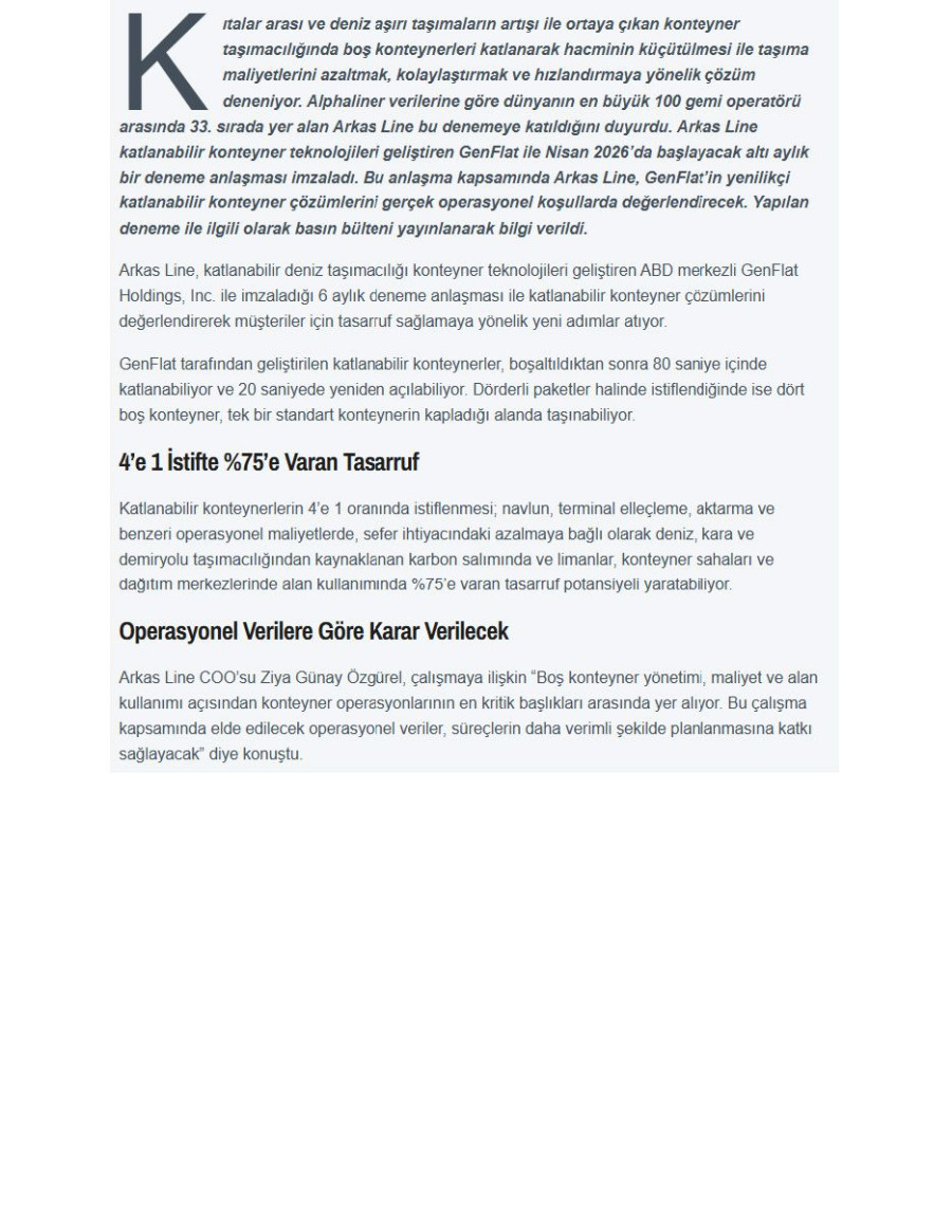 Arkas Line Katlanabilir Konteynerleri Deniyor