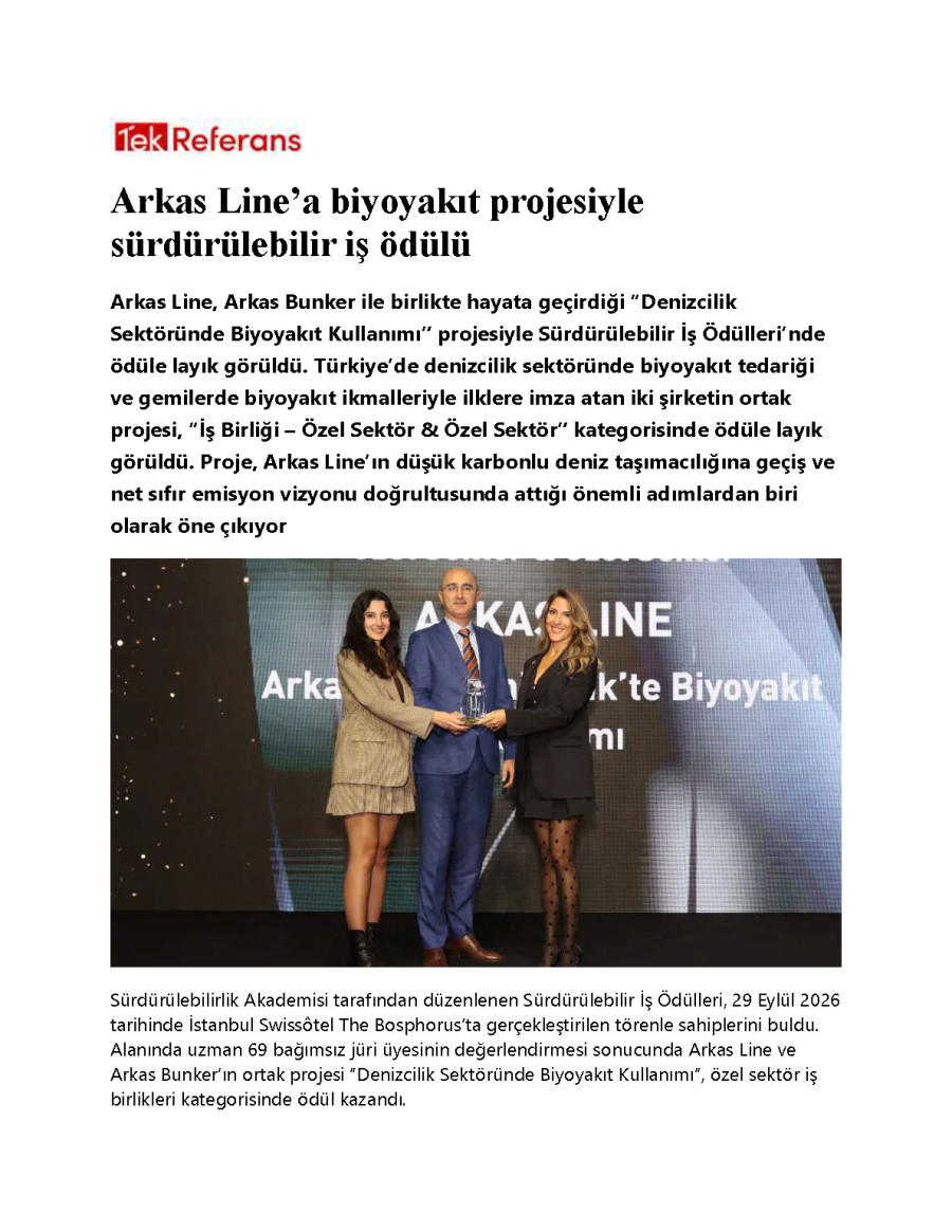 Arkas Line’a Biyoyakıt Projesiyle Sürdürülebilir İş Ödülü